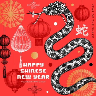 Chinese New Year square art print. Lunar New Year greeting card template. Snake sketch. NOT AI generated